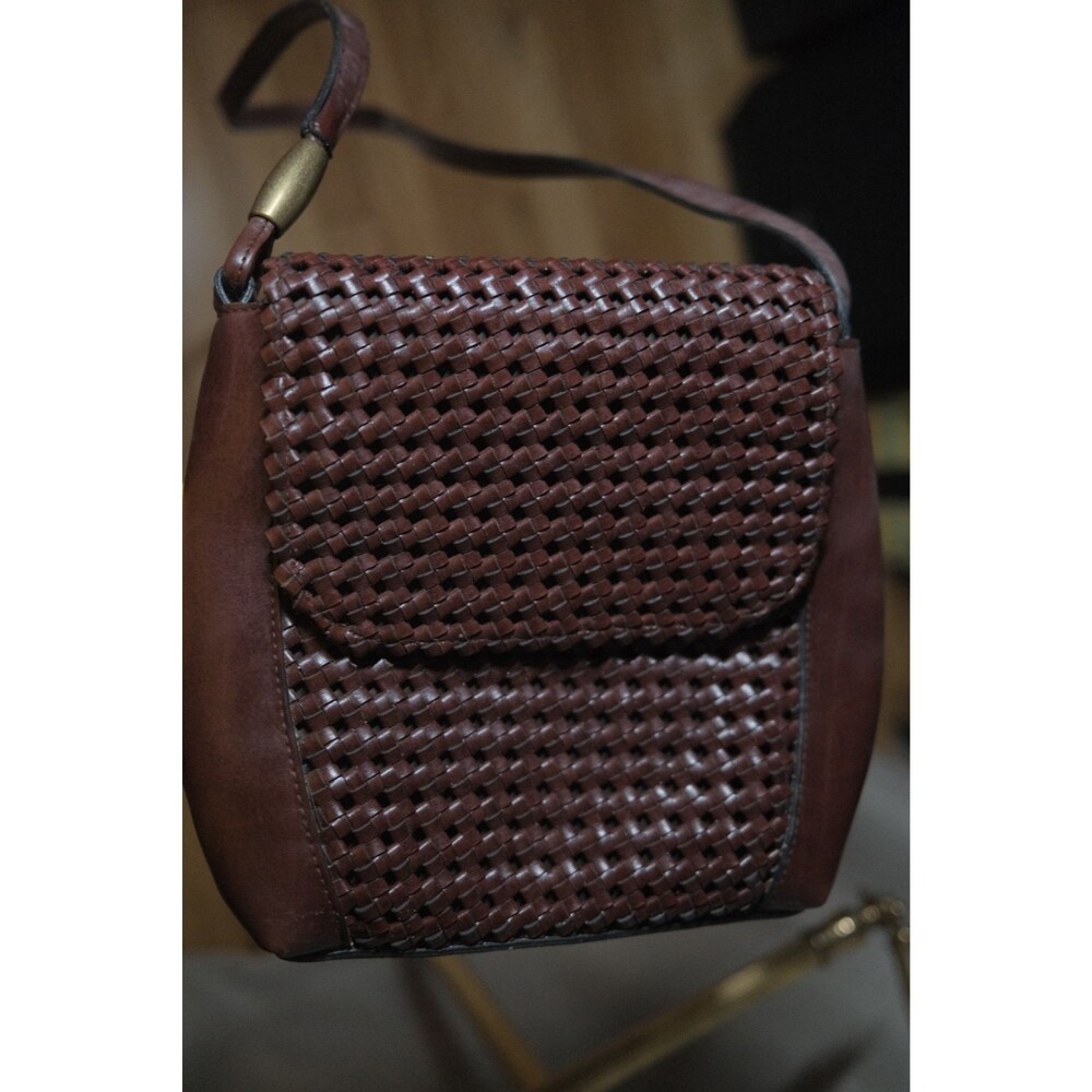 Vintage 90s Liz Claiborne Brown Purse Woven Faux Leather w/ Shoulder Strap